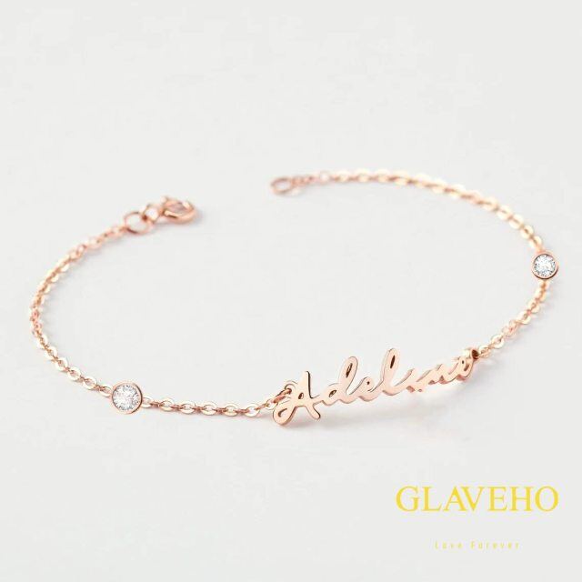 14K Rose Gold Circular Shaped Cubic Zirconia Personalized Classic Name Pendant Bracelet-3