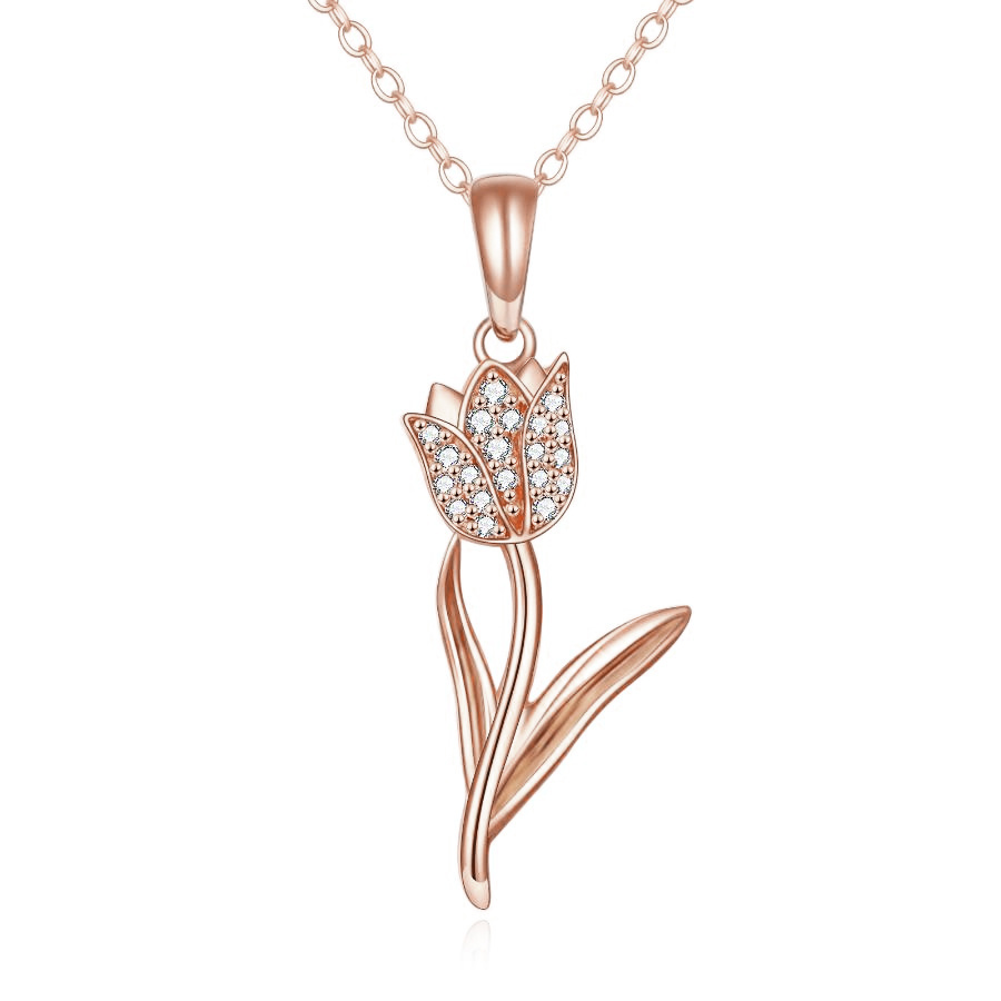 Collar con colgante de tulipán con circonita cúbica en forma circular de oro rosa de 10 quilates-1