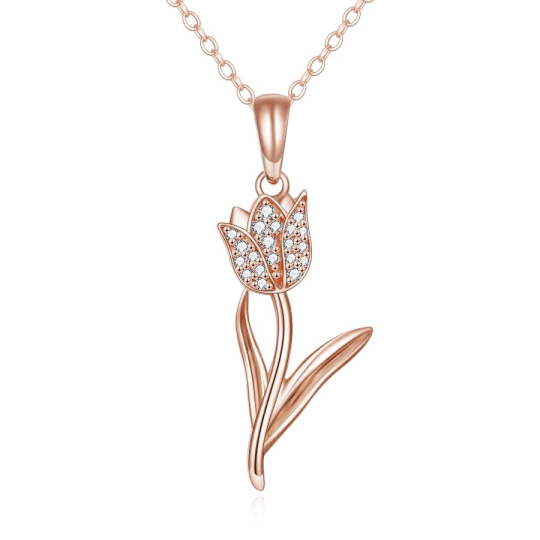 14K Rose Gold Circular Shaped Cubic Zirconia Tulip Pendant Necklace