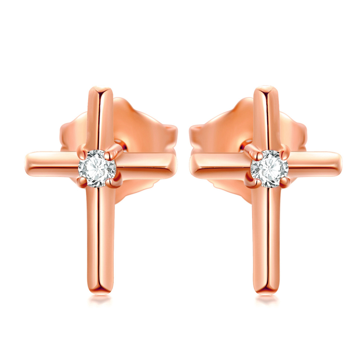 14K Rose Gold Cubic Zirconia Cross Stud Earrings-1