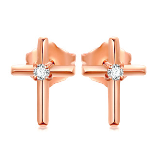 10K Rose Gold Cubic Zirconia Cross Stud Earrings-2