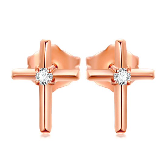 10K Rose Gold Cubic Zirconia Cross Stud Earrings