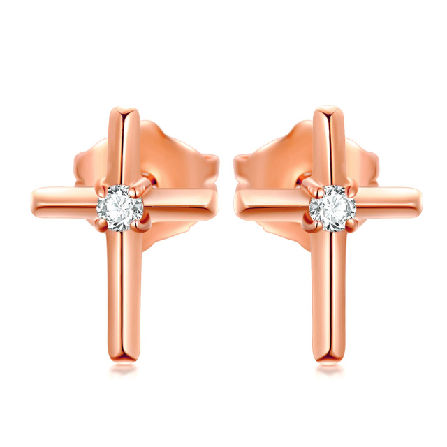 14K Rose Goud Cubic Zirkonia Kruis Stud Oorbellen-1