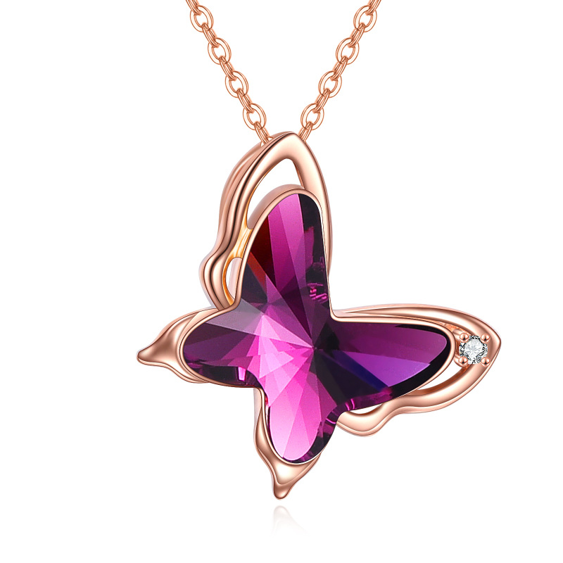 Colar com pingente de borboleta em cristal de ouro rosa 14K