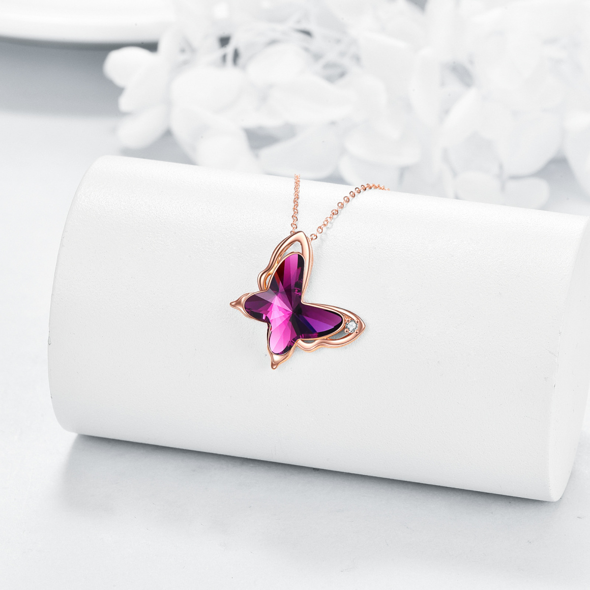 10K Rose Gold Crystal Butterfly Pendant Necklace-3