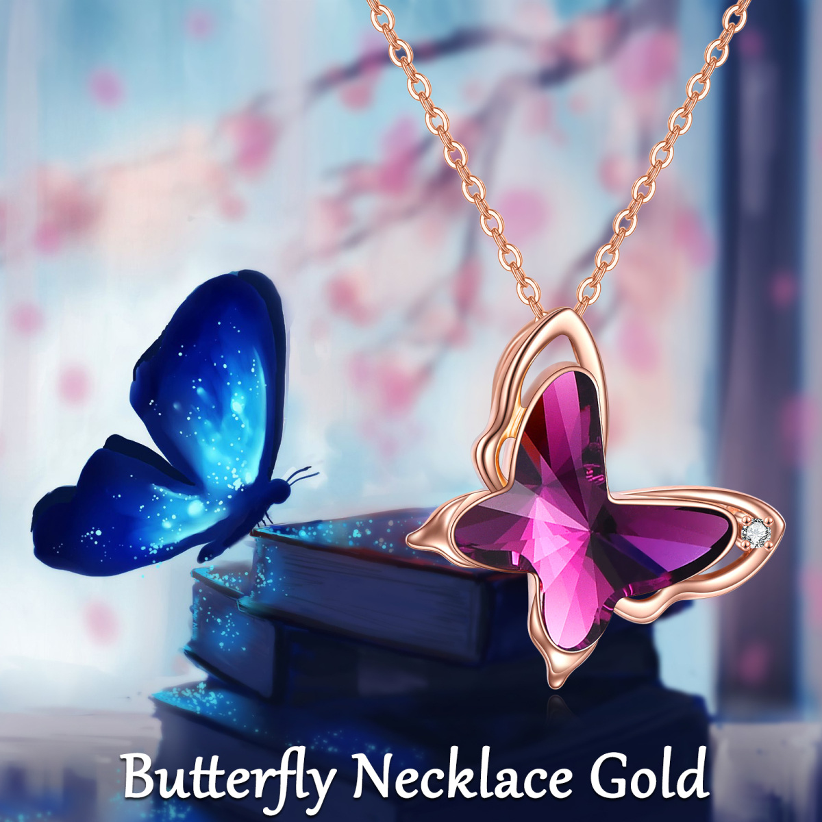 10K Rose Gold Crystal Butterfly Pendant Necklace-4