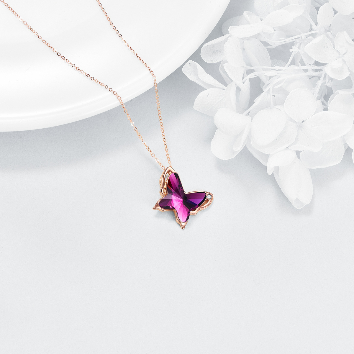 10K Rose Gold Crystal Butterfly Pendant Necklace-6