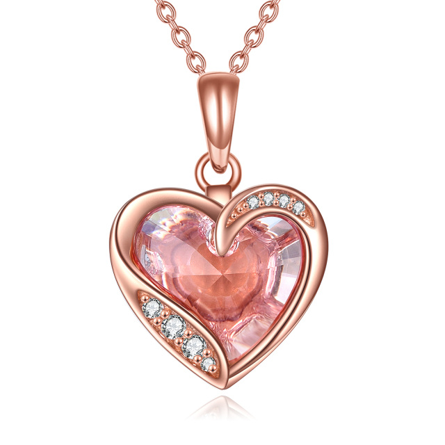 Colar com pingente de coração de cristal de ouro rosa 14K com zircônia cúbica-1