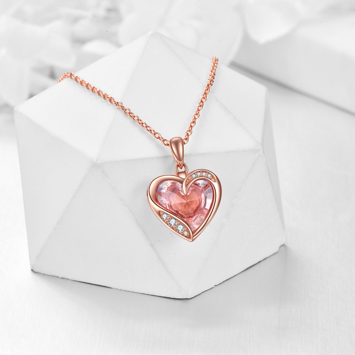 14K Rose Gold Crystal With Cubic Zirconia Heart Pendant Necklace-3