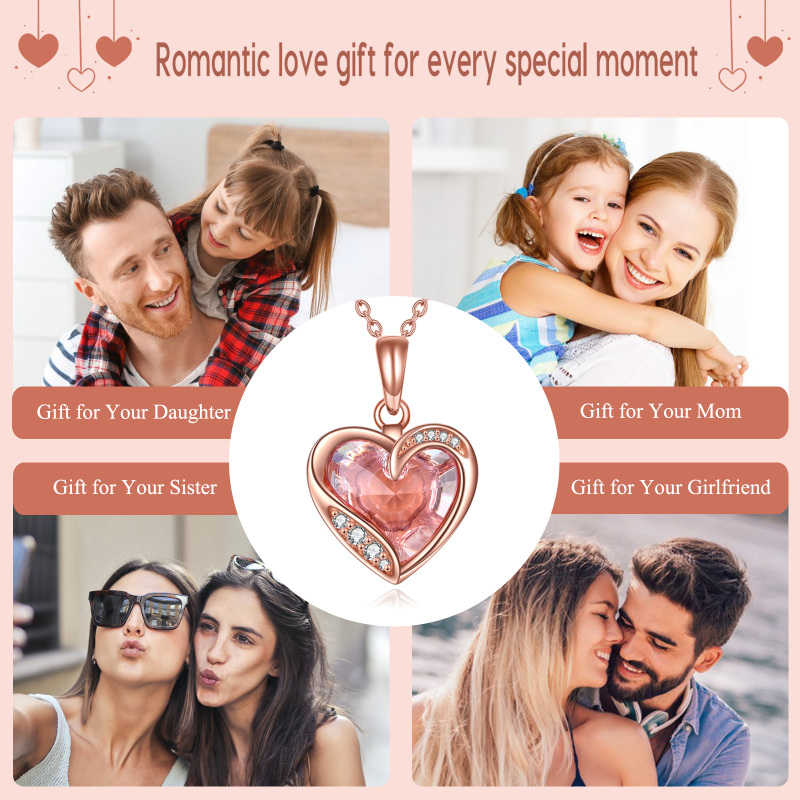 Collier pendentif cœur en or rose 10 carats avec cristal et zircon cubique-6