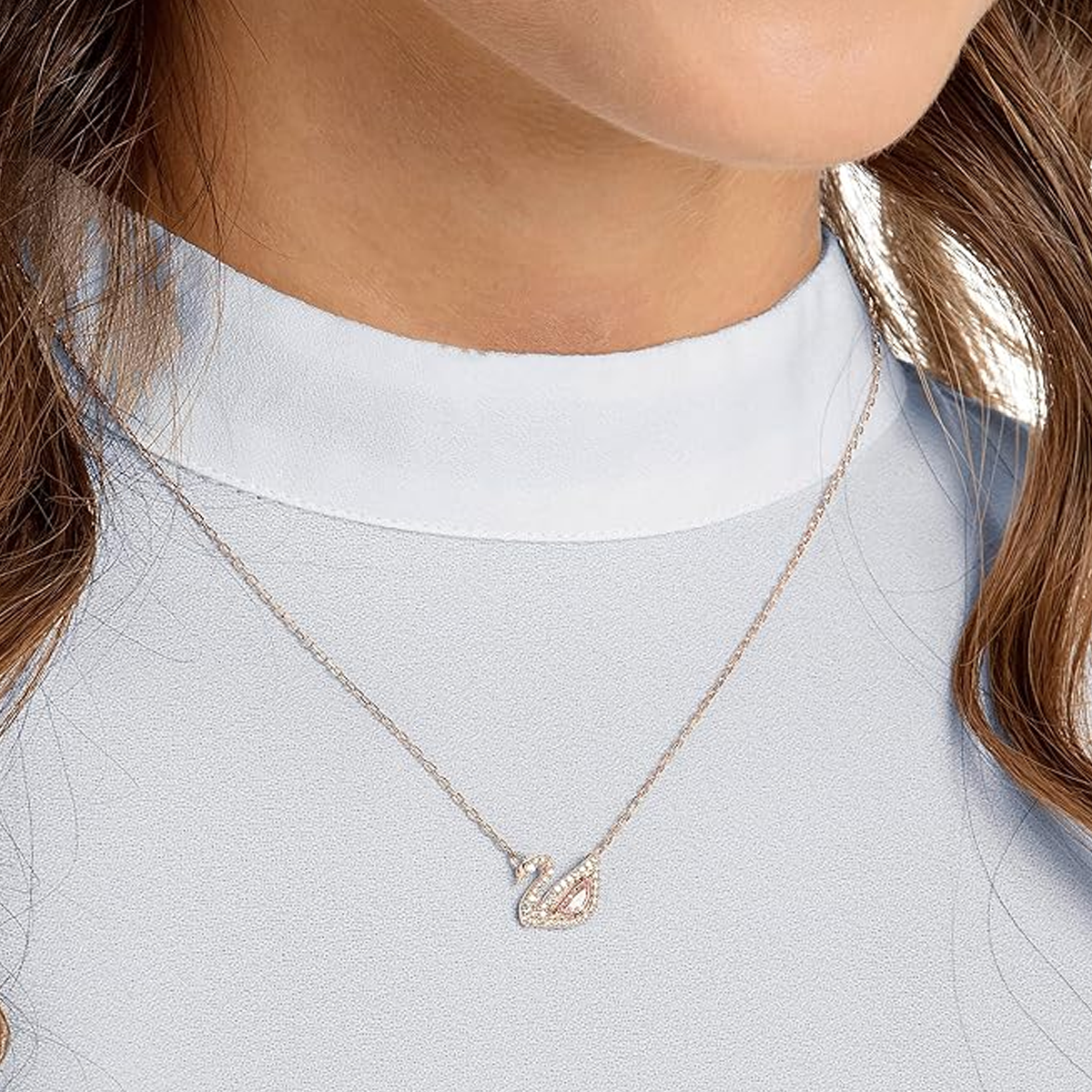 14K Rose Gold Crystal Swan Pendant Necklace-3