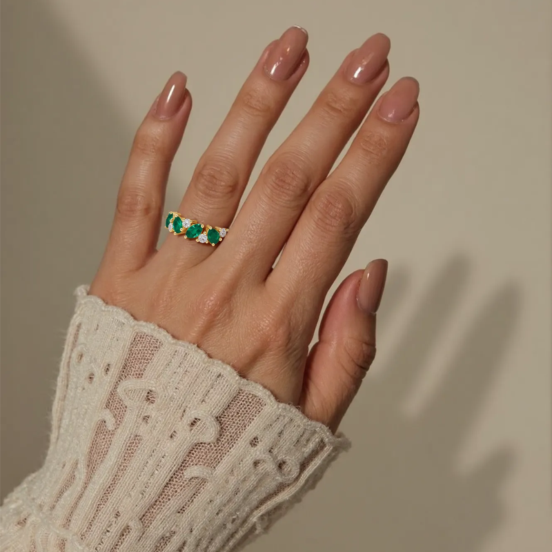 14K Rose Gold 1 CT.T.W. Pear Cut Lab Created Emerald & Round Cut Diamond Eternity Custom Wedding Band-5