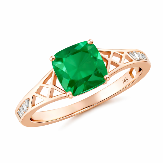 Anillo de compromiso de oro rosa 10K con esmeralda artificial y moissanita cortada en forma de cojín