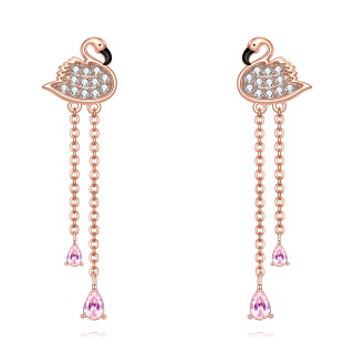 Sterling Silver with Rose Gold Plated Cubic Zirconia Flamingo Drop Earrings-1