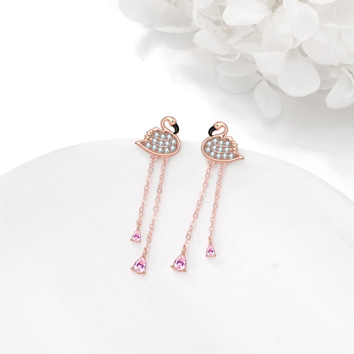 14K Rose Gold Cubic Zirconia Flamingo Drop Earrings-3