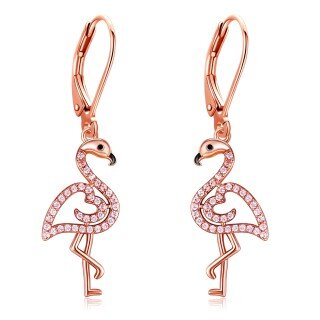 Sterling Silver with Rose Gold Plated Cubic Zirconia Flamingo Lever-back Earrings-1