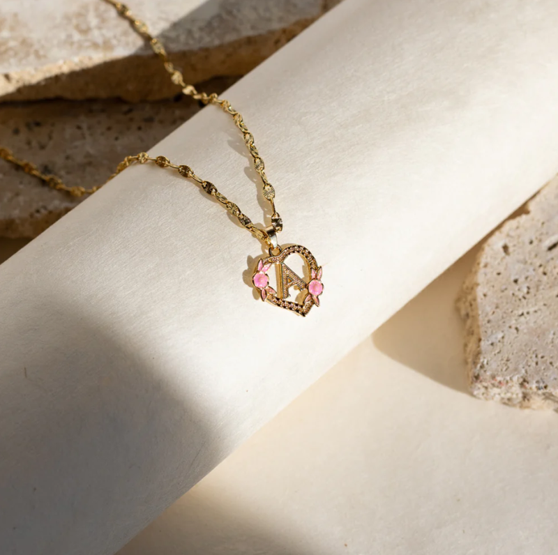 14K Rose Gold Flower Initial Necklace-3