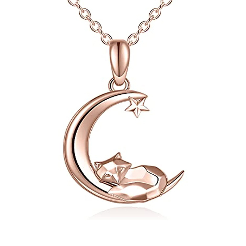 14K Rose Gold Fox & Moon Star Collar Colgante Para Mujer-1