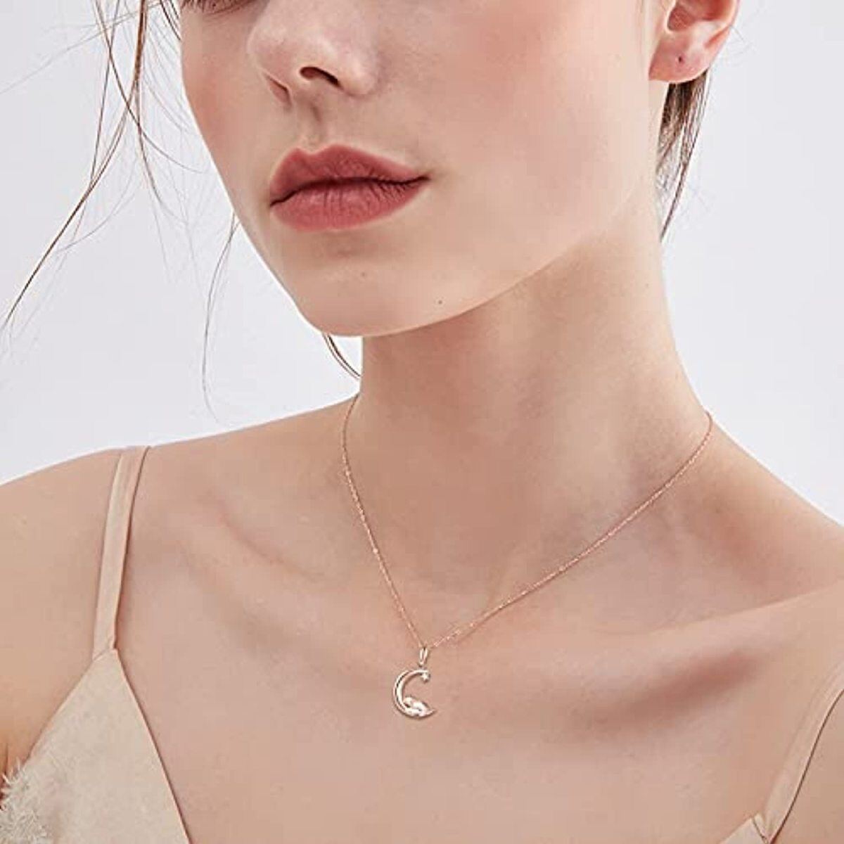 14K Rose Gold Fox & Moon Star Collar Colgante Para Mujer-2