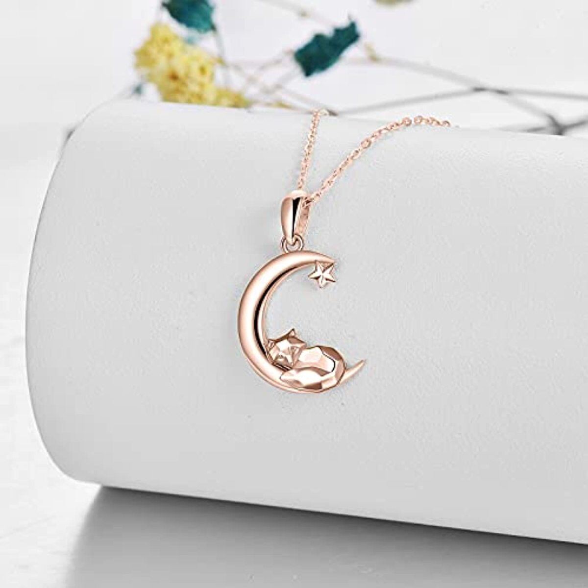 Collier en or rose 14K avec pendentif renard et étoile de lune pour femmes-3