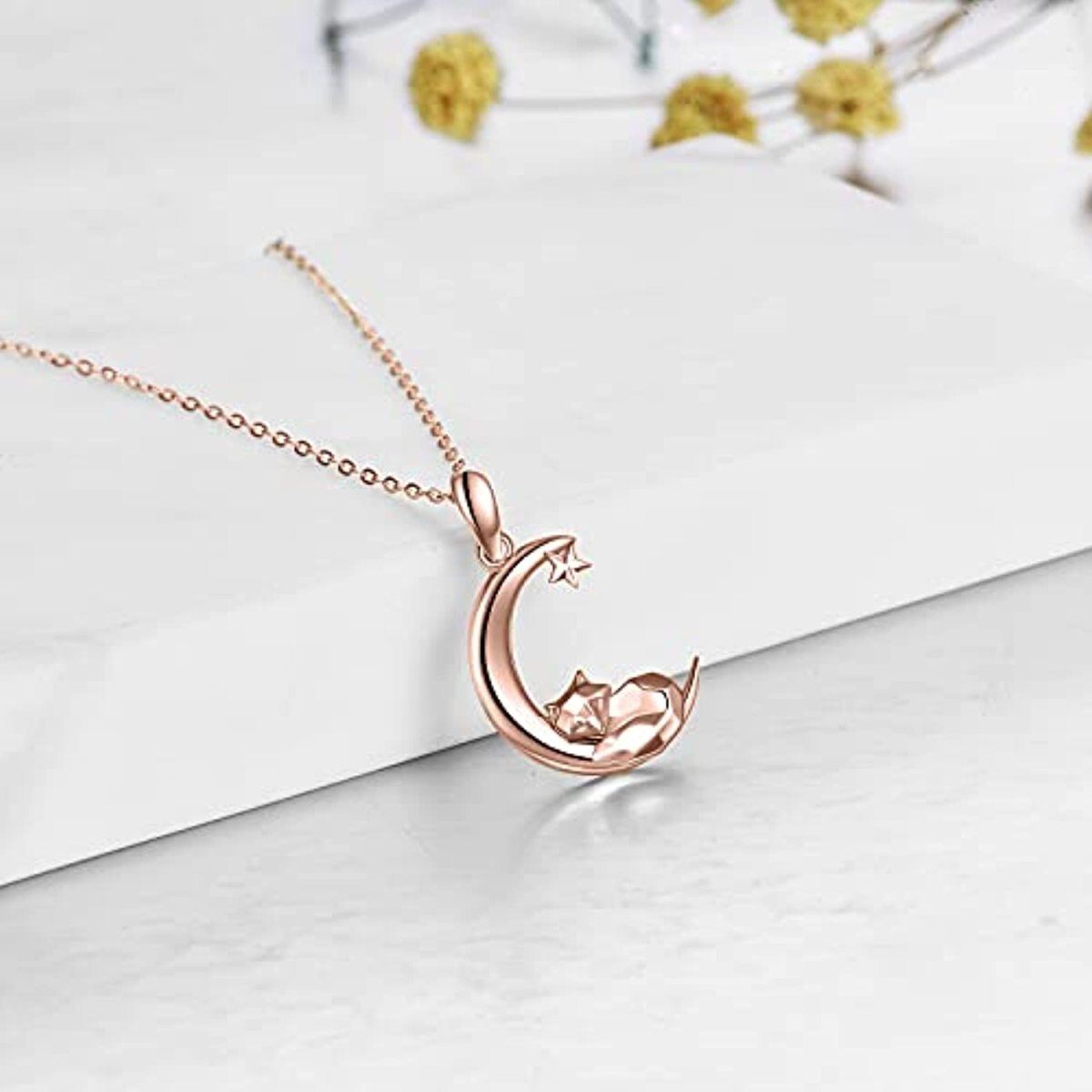 Collier en or rose 14K avec pendentif renard et étoile de lune pour femmes-4