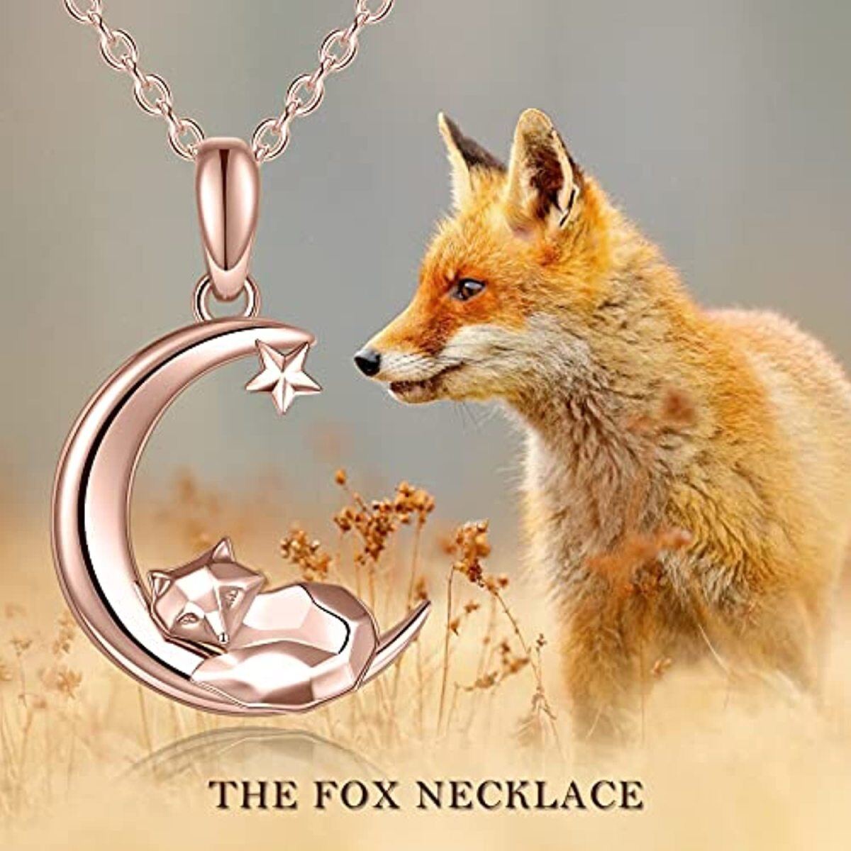 14K Rose Gold Fox & Moon Star Collar Colgante Para Mujer-5