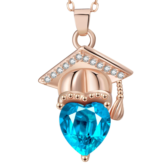 Birrete de graduación de plata de ley con piedra de nacimiento personalizada de corte de corazón chapado en oro rosa, clase 2025, graduación universitaria