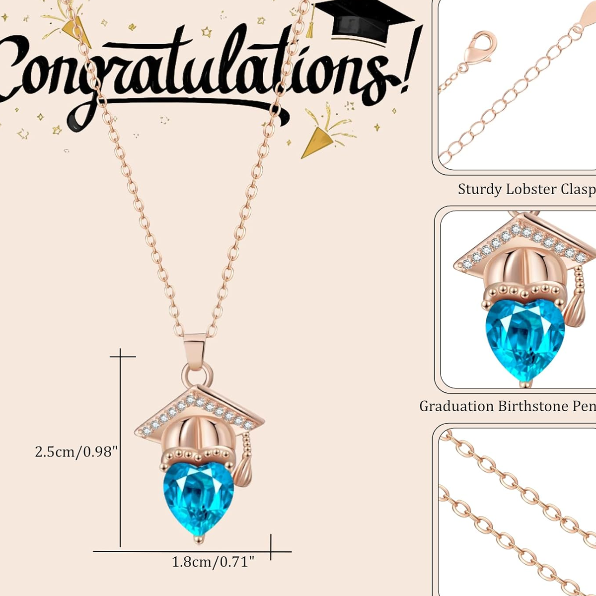 Birrete de graduación de la universidad, chapado en oro rosa de 14 quilates, con corte de corazón, personalizado, con piedra de nacimiento, clase 2025-2