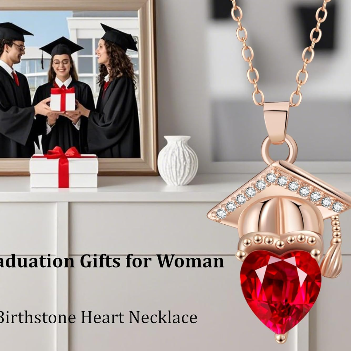 Birrete de graduación de la universidad, chapado en oro rosa de 14 quilates, con corte de corazón, personalizado, con piedra de nacimiento, clase 2025-3