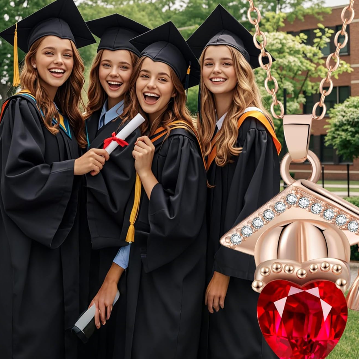 Birrete de graduación de la universidad, chapado en oro rosa de 14 quilates, con corte de corazón, personalizado, con piedra de nacimiento, clase 2025-4