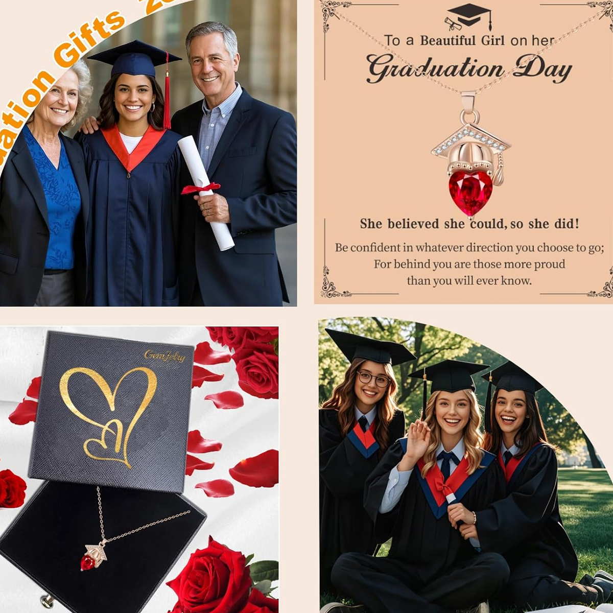 Birrete de graduación de la universidad, chapado en oro rosa de 14 quilates, con corte de corazón, personalizado, con piedra de nacimiento, clase 2025-5