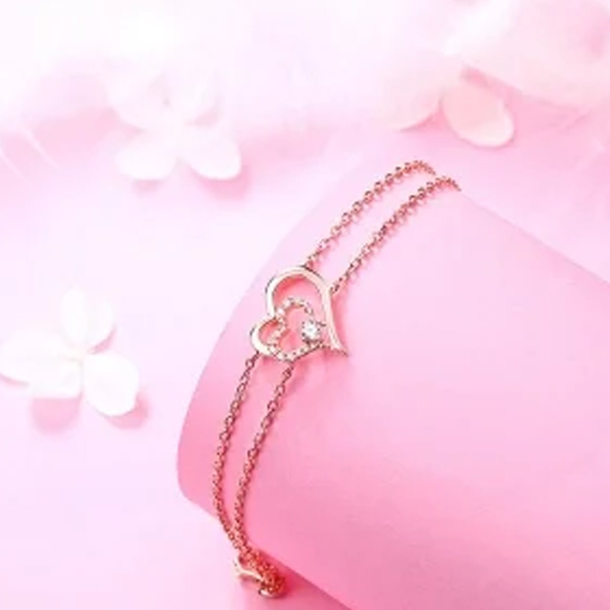 14K Rose Gold Cubic Zirconia Heart With Heart Layerered Bracelet-3