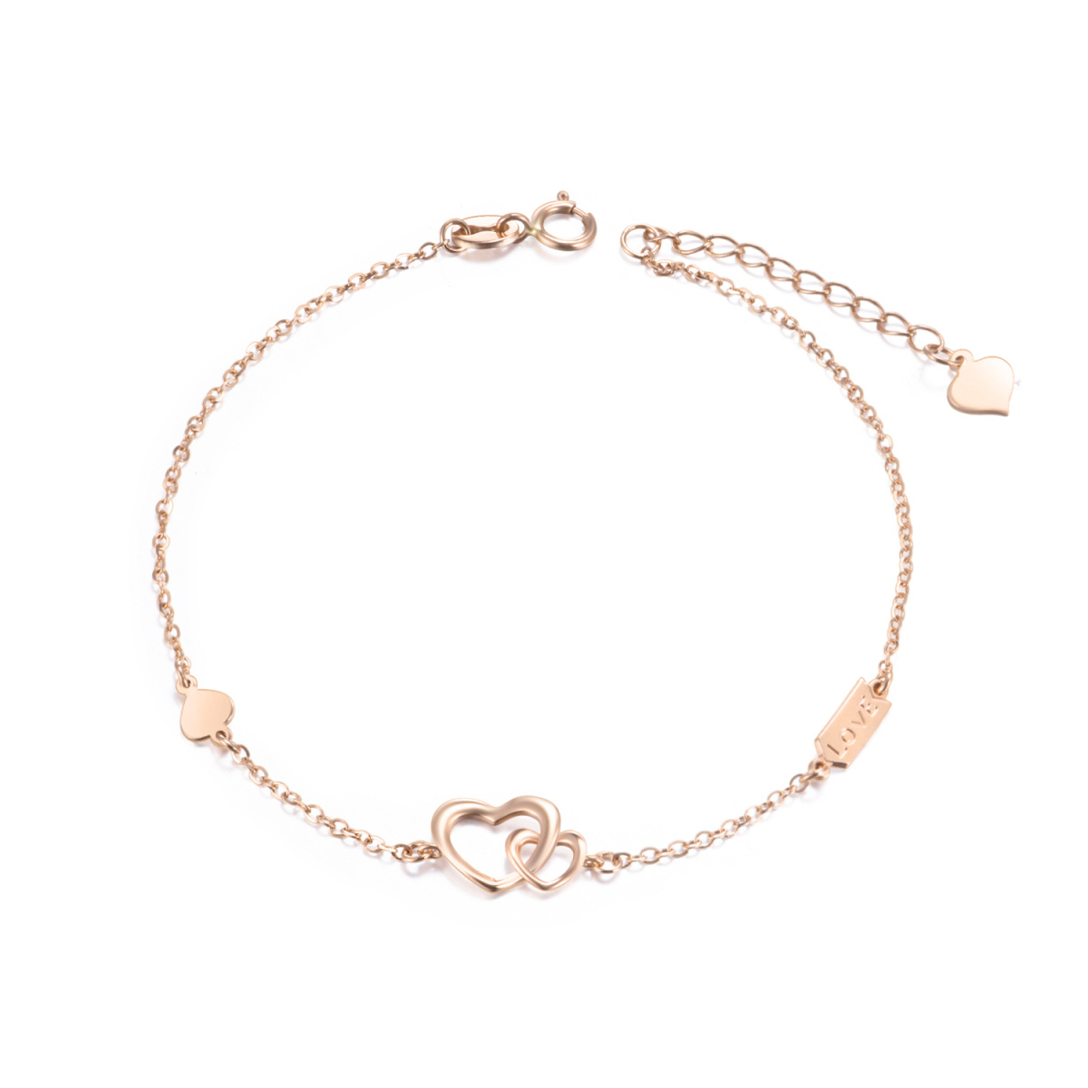 14K Rose Gold Heart With Heart Pendant Bracelet with Engraved Word-1