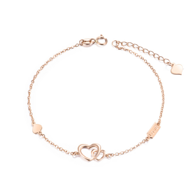 14K Rose Gold Heart With Heart Pendant Bracelet with Engraved Word-1