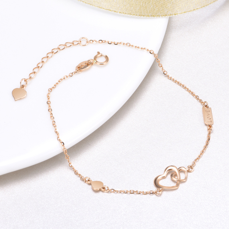 10K Rose Gold Interlocking Hearts Charm Bracelet With Engraved Word For Women-3
