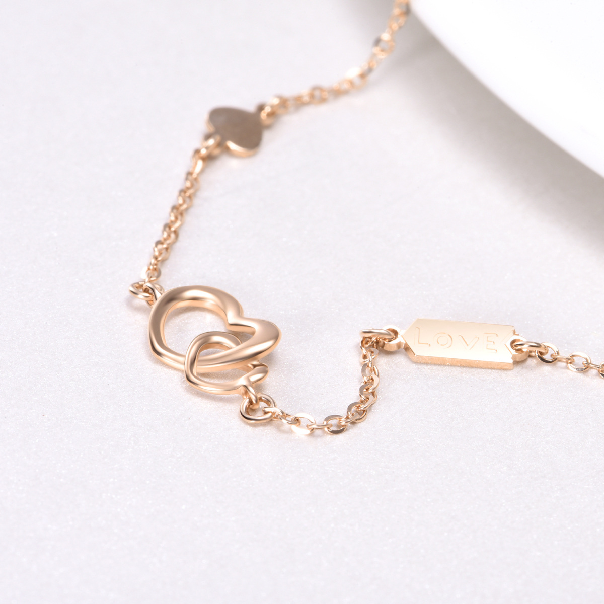 14K Rose Gold Heart With Heart Pendant Bracelet with Engraved Word-4