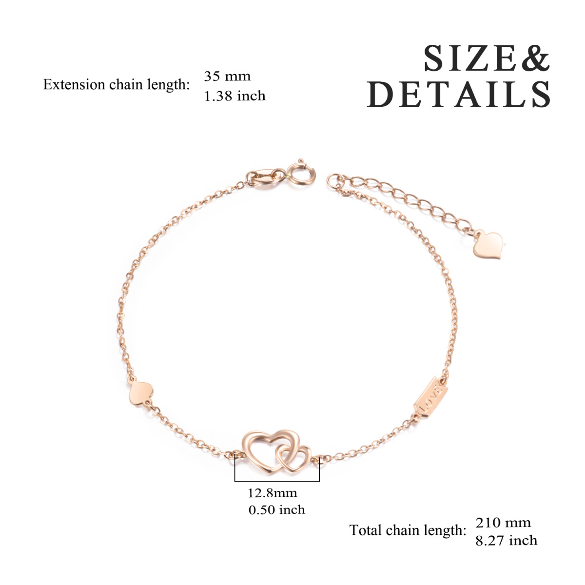 Bracelet en or rose 14K avec pendentif en forme de coeur et mot gravé-5