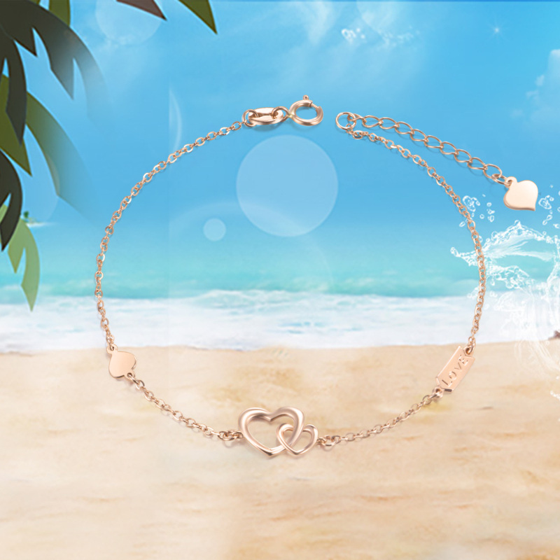 10K Rose Gold Interlocking Hearts Charm Bracelet With Engraved Word For Women-6