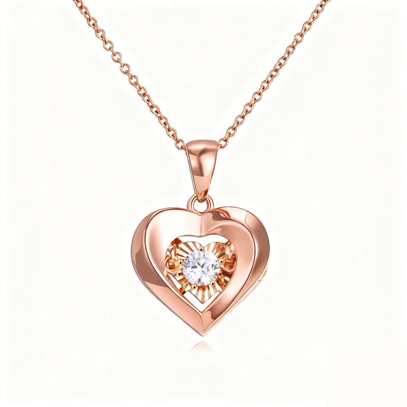 14K Rose Gold Cubic Zirconia Heart With Heart Pendant Necklace-1