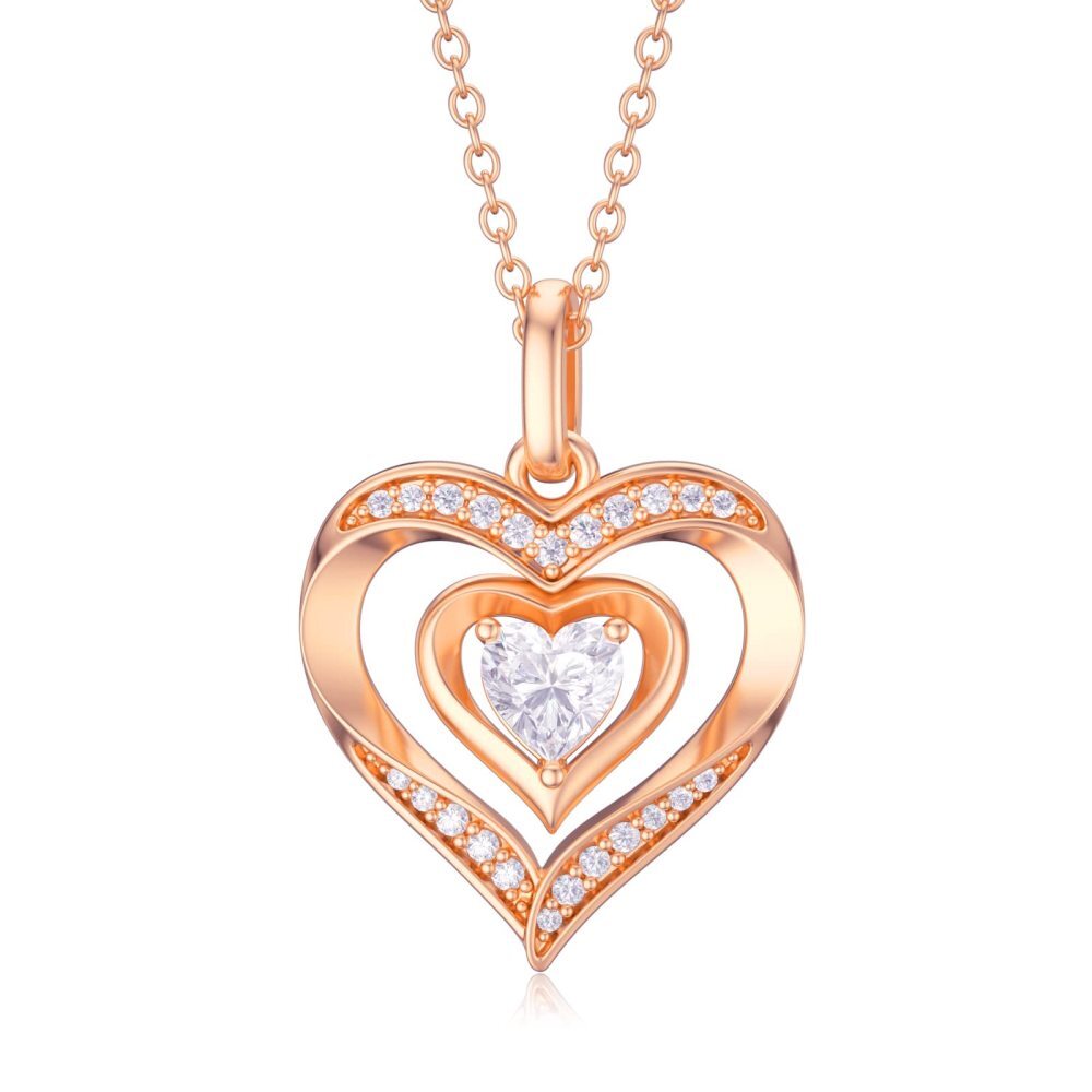 10K Rose Gold Cubic Zirconia Heart Pendant Necklace-1