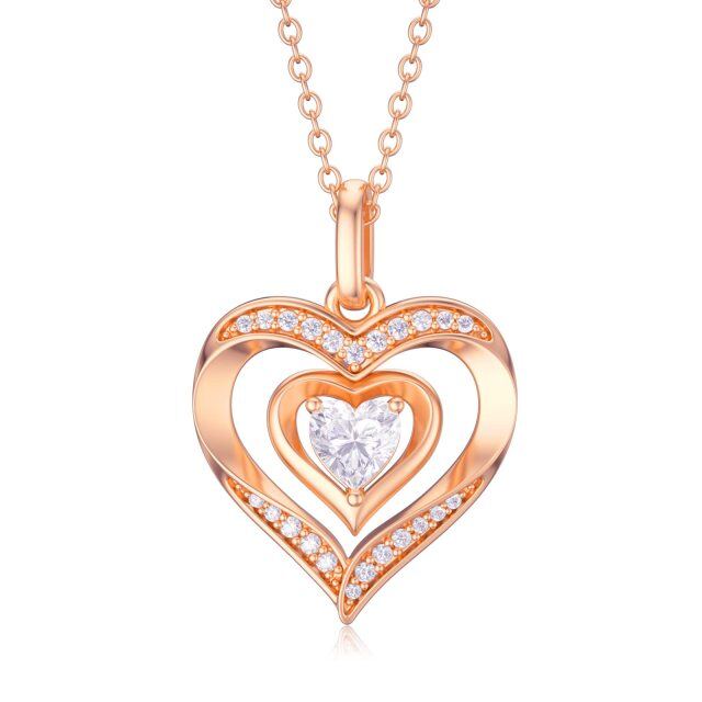 Collana con ciondolo a forma di cuore in zirconia cubica in oro rosa 14K-1