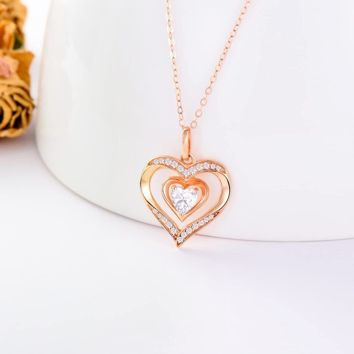 14K Rose Gold Cubic Zirconia Heart Pendant Necklace-3