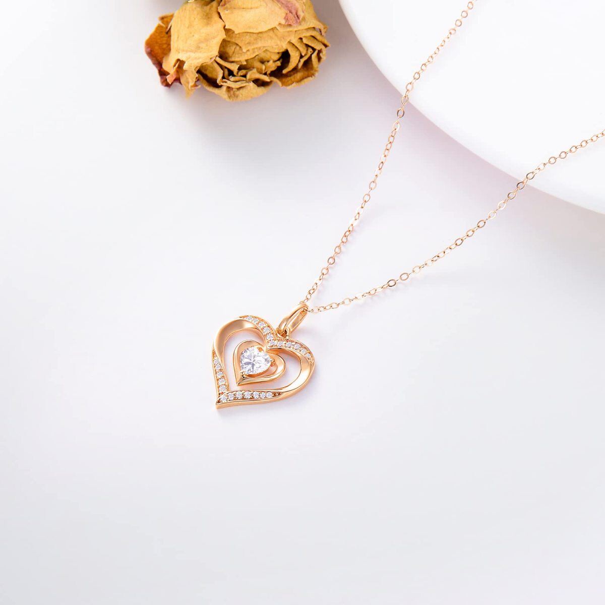 14K Rose Gold Cubic Zirconia Heart Pendant Necklace-4