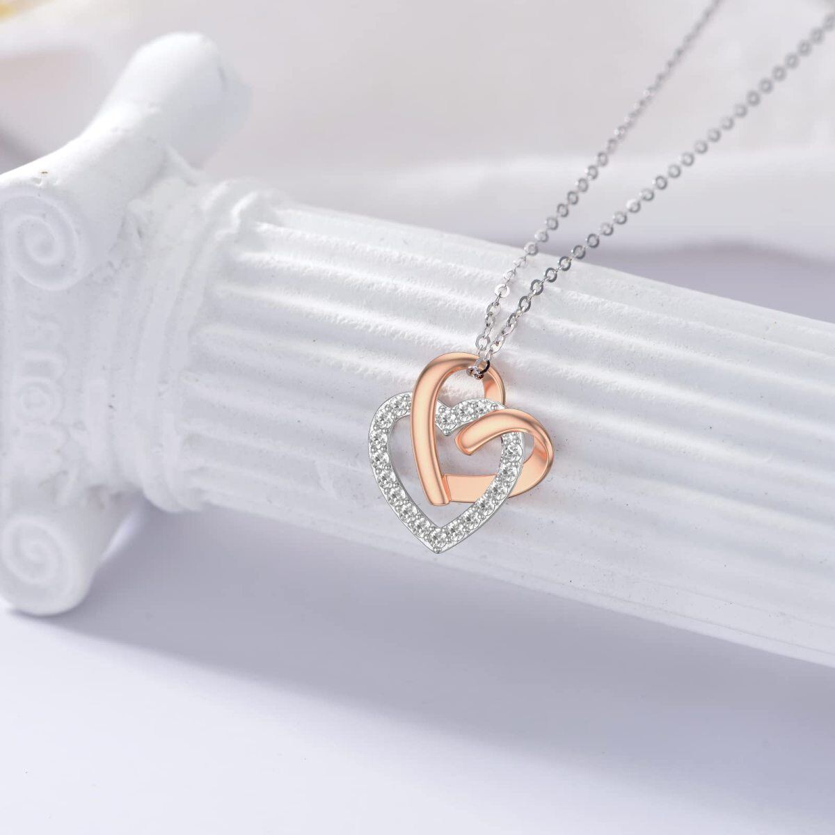 14K Rose Gold Cubic Zirconia Heart With Heart Pendant Necklace-3