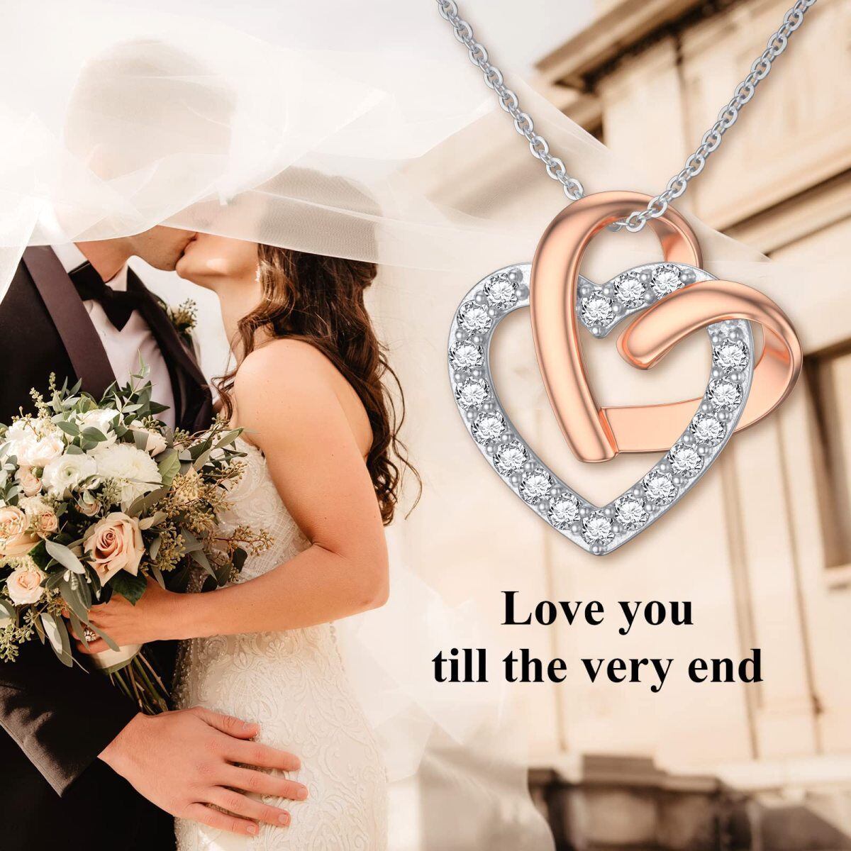 14K Rose Gold Cubic Zirconia Heart With Heart Pendant Necklace-5