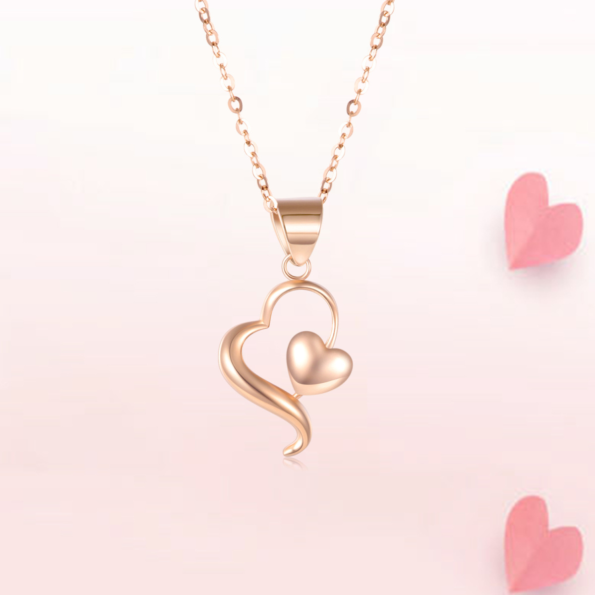 14K Rose Gold Heart With Heart Pendant Necklace-5