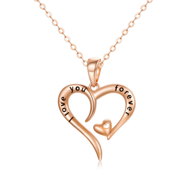 14K Rose Gold Heart With Heart Pendant Necklace with Engraved Word-1