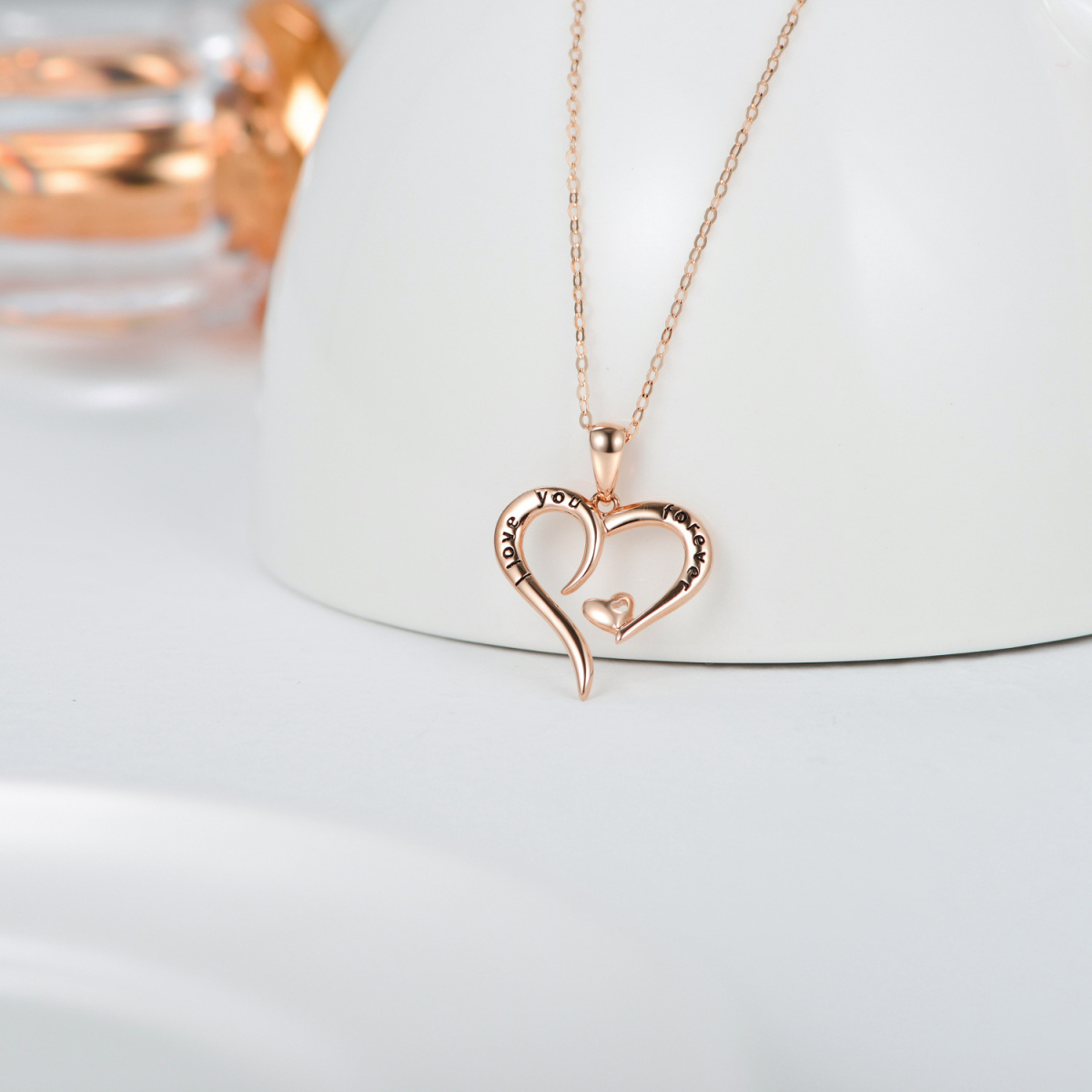 14K Rose Gold Herz mit Herz-Anhänger Halskette mit eingraviertem Wort-3