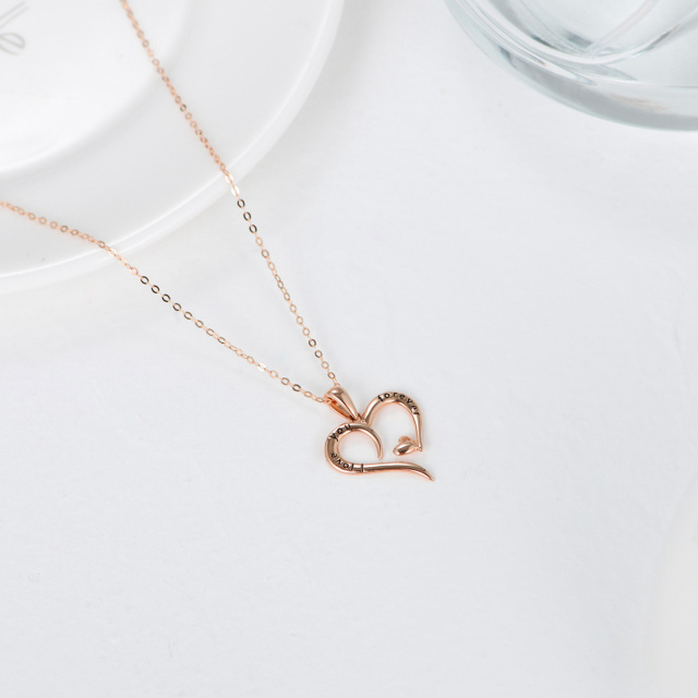 14K Rose Gold Heart With Heart Pendant Necklace with Engraved Word-4