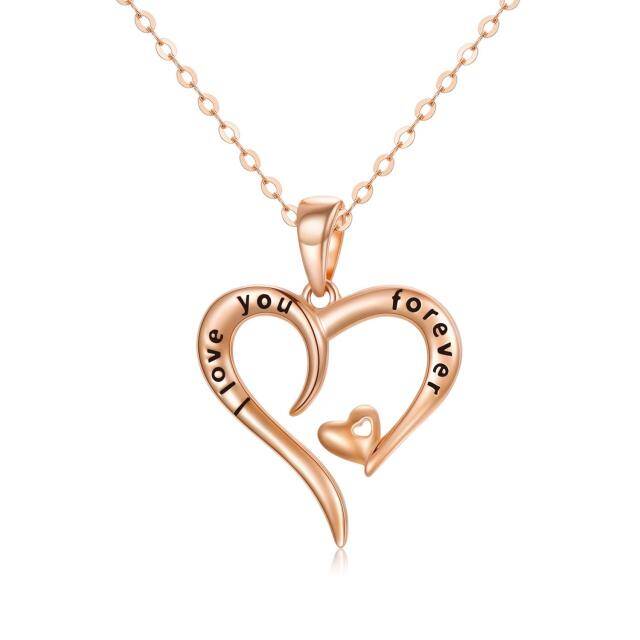 14K Rose Gold Heart With Heart Pendant Necklace with Engraved Word-5